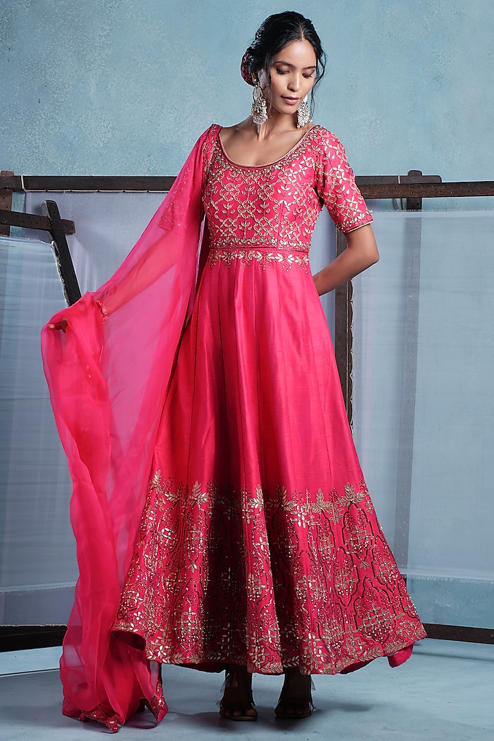 Fuchsia Pink Raw Silk Hand Embroidered Wedding Anarkali With Dupatta by Muditaa By Urmila at Pernia's Pop Up Shop