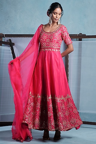 Fuchsia Pink Raw Silk Hand Embroidered Anarkali With Dupatta by Muditaa By Urmila