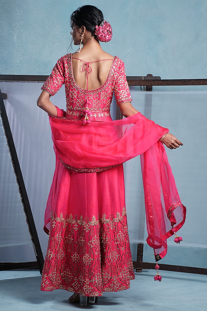 Fuchsia Pink Raw Silk Hand Embroidered Wedding Anarkali With Dupatta by Muditaa By Urmila at Pernia's Pop Up Shop