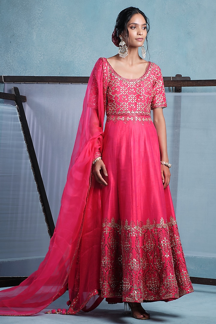 Fuchsia Pink Raw Silk Hand Embroidered Wedding Anarkali With Dupatta by Muditaa By Urmila at Pernia's Pop Up Shop