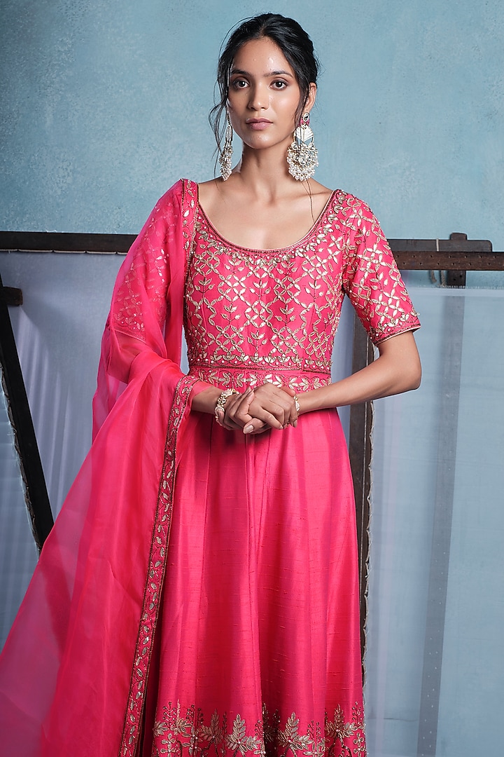 Fuchsia Pink Raw Silk Hand Embroidered Wedding Anarkali With Dupatta by Muditaa By Urmila at Pernia's Pop Up Shop