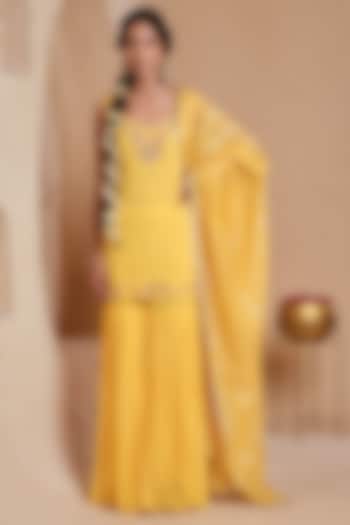 Yellow Georgette Hand Embroidered Gharara Set by Muditaa By Urmila at Pernia's Pop Up Shop