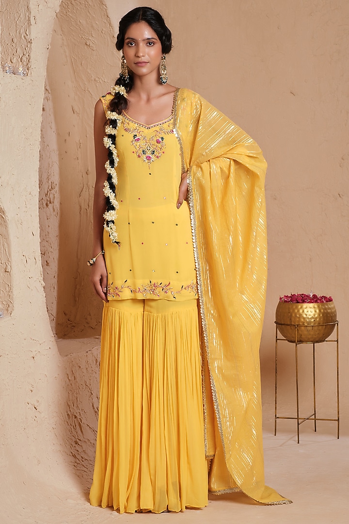Yellow Georgette Hand Embroidered Gharara Set by Muditaa By Urmila at Pernia's Pop Up Shop