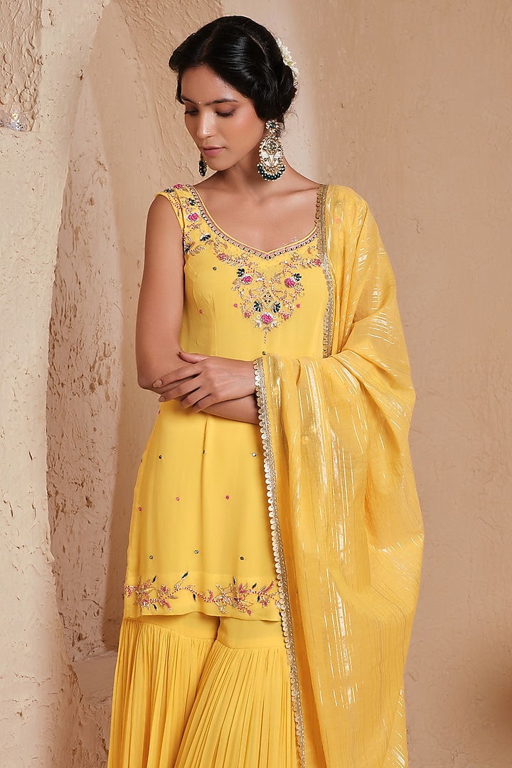 Yellow Georgette Hand Embroidered Gharara Set by Muditaa By Urmila at Pernia's Pop Up Shop