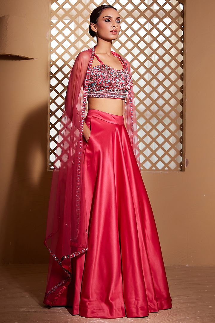 Hot Pink Italian Satin Wedding Lehenga Set by Muditaa By Urmila at Pernia's Pop Up Shop