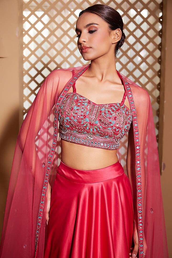 Hot Pink Italian Satin Wedding Lehenga Set by Muditaa By Urmila at Pernia's Pop Up Shop