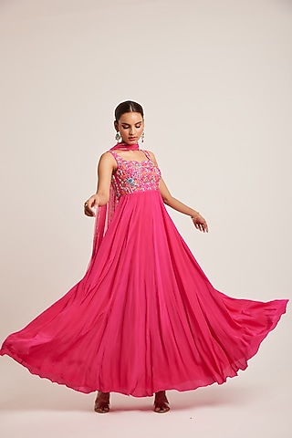 Fuchsia Pink Pure Crepe Mirror Hand Embroidered Anarkali Set by Muditaa By Urmila