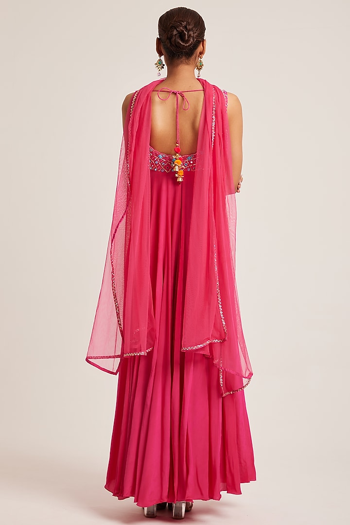 Fuchsia Pink Pure Crepe Mirror Hand Embroidered Party Wear Anarkali Set by Muditaa By Urmila at Pernia's Pop Up Shop