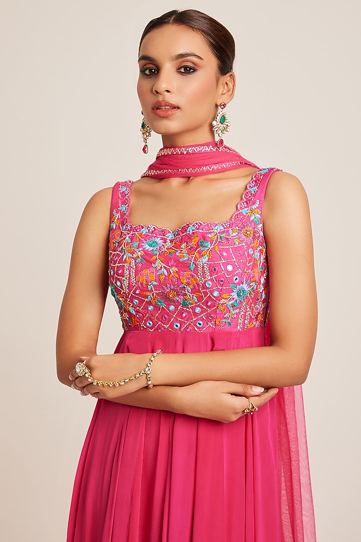 Fuchsia Pink Pure Crepe Mirror Hand Embroidered Party Wear Anarkali Set by Muditaa By Urmila at Pernia's Pop Up Shop