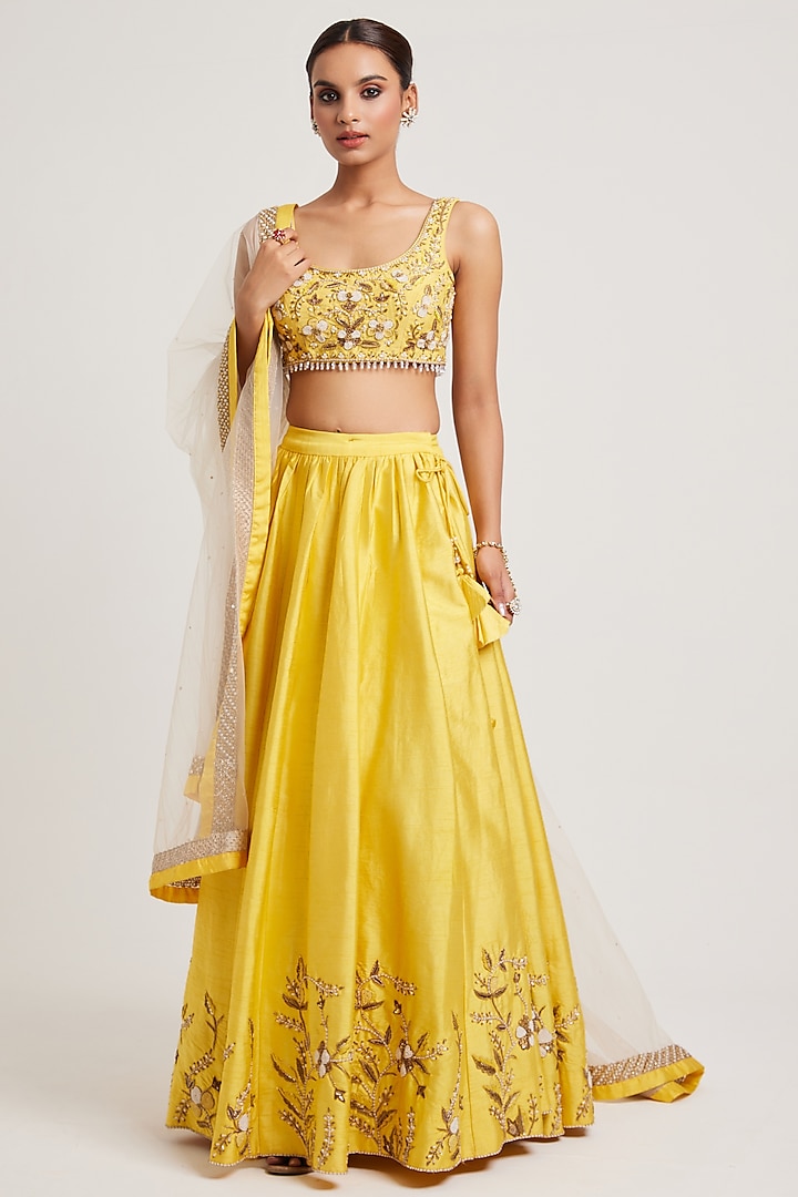 Yellow Dupion Dabka & Zari Embroidered Wedding Lehenga Set by Muditaa By Urmila at Pernia's Pop Up Shop