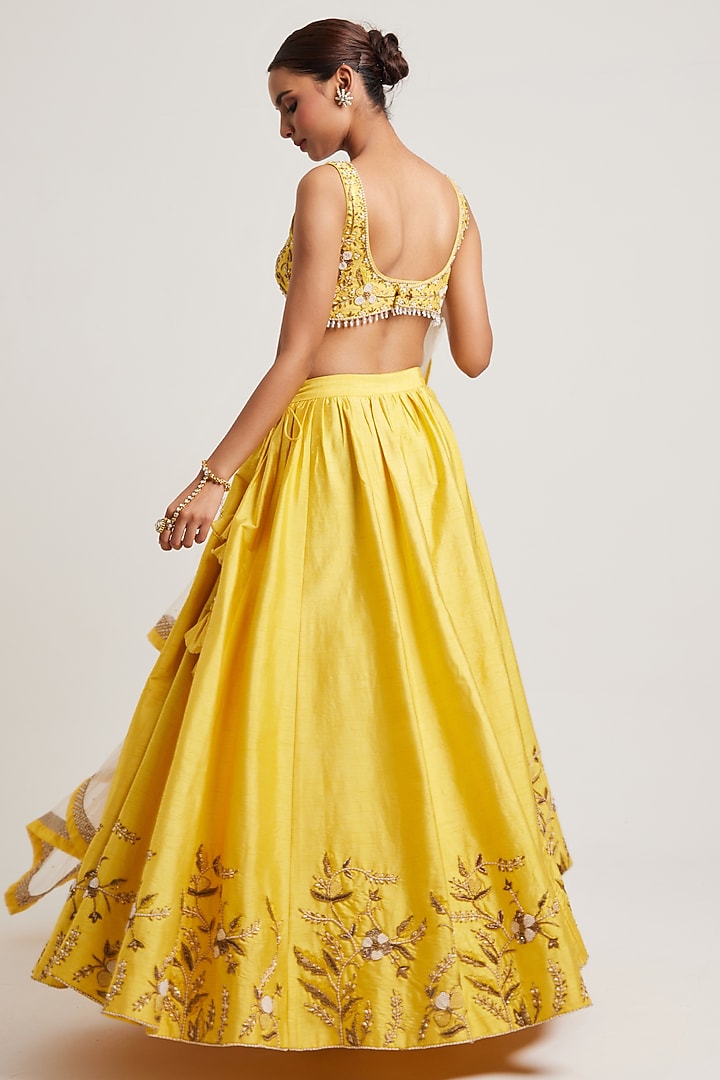 Yellow Dupion Dabka & Zari Embroidered Wedding Lehenga Set by Muditaa By Urmila at Pernia's Pop Up Shop