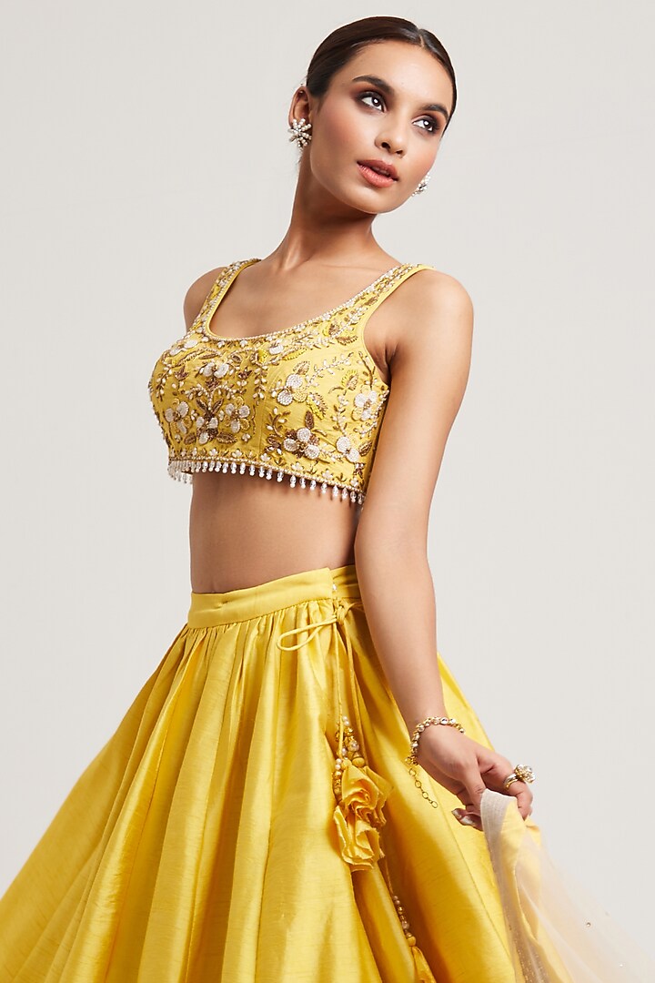 Yellow Dupion Dabka & Zari Embroidered Wedding Lehenga Set by Muditaa By Urmila at Pernia's Pop Up Shop