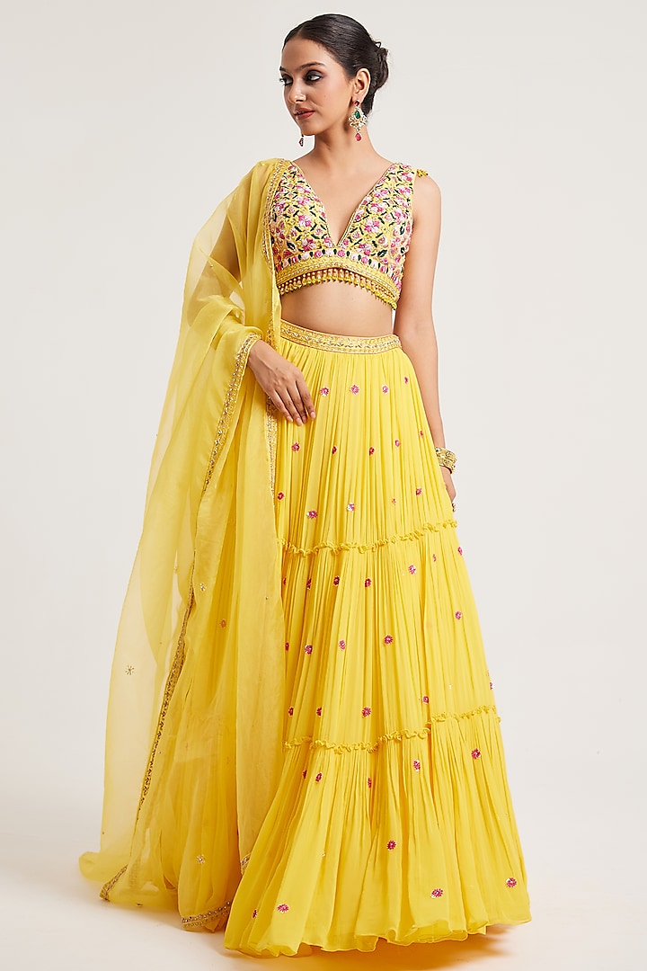 Yellow Georgette Dabka & Resham Embroidered Wedding Lehenga Set by Muditaa By Urmila at Pernia's Pop Up Shop