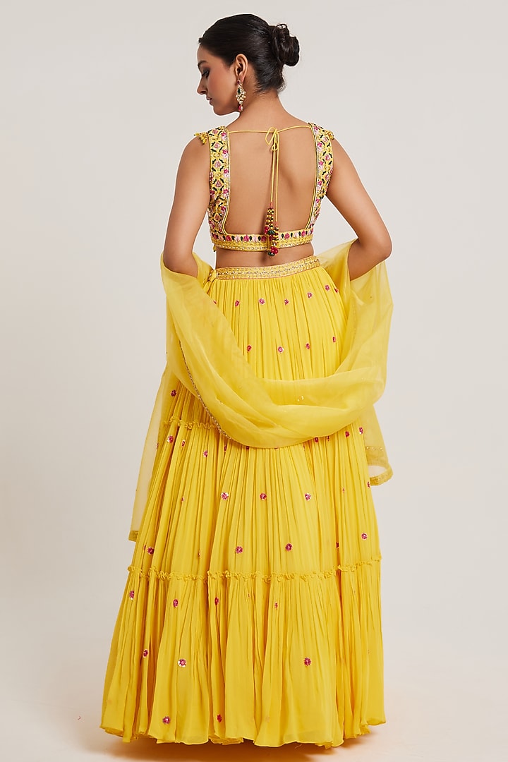 Yellow Georgette Dabka & Resham Embroidered Wedding Lehenga Set by Muditaa By Urmila at Pernia's Pop Up Shop