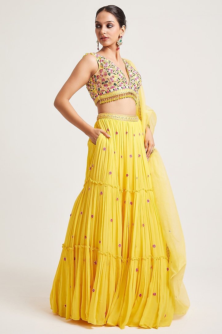 Yellow Georgette Dabka & Resham Embroidered Wedding Lehenga Set by Muditaa By Urmila at Pernia's Pop Up Shop