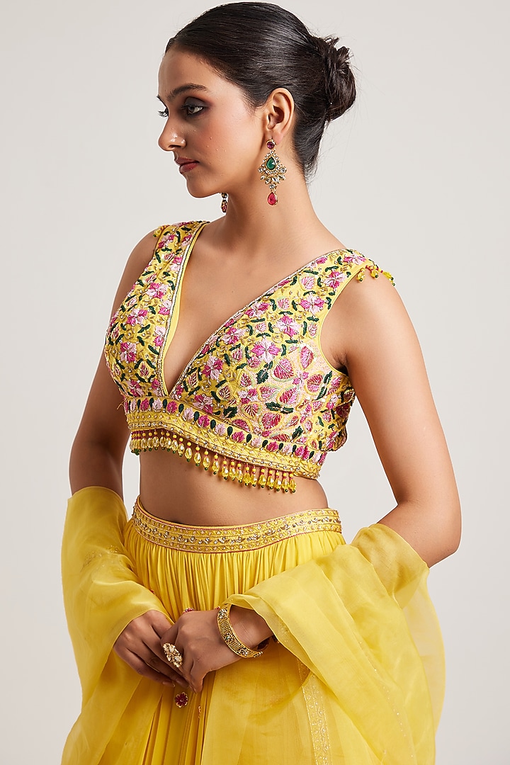 Yellow Georgette Dabka & Resham Embroidered Wedding Lehenga Set by Muditaa By Urmila at Pernia's Pop Up Shop