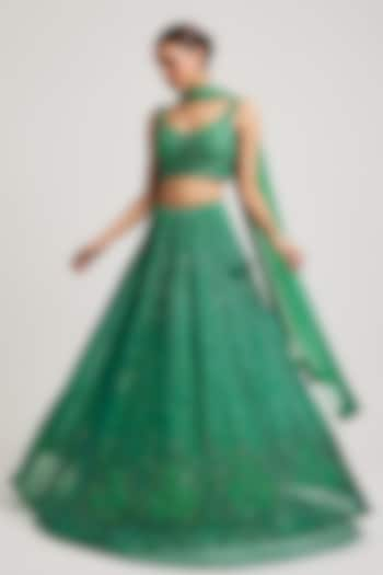 Green Organza Cutdana & Sequins Hand Work Wedding Lehenga Set by Muditaa By Urmila at Pernia's Pop Up Shop