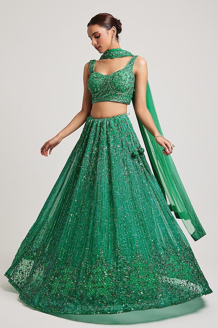 Green Organza Cutdana & Sequins Hand Work Wedding Lehenga Set by Muditaa By Urmila at Pernia's Pop Up Shop