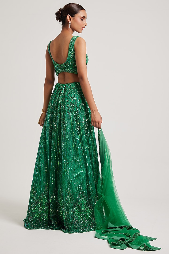 Green Organza Cutdana & Sequins Hand Work Wedding Lehenga Set by Muditaa By Urmila at Pernia's Pop Up Shop