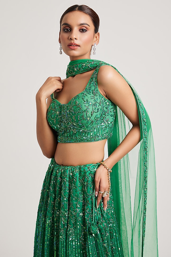 Green Organza Cutdana & Sequins Hand Work Wedding Lehenga Set by Muditaa By Urmila at Pernia's Pop Up Shop