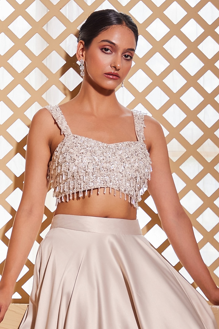 Silver Italian Satin Wedding Lehenga Set by Muditaa By Urmila at Pernia's Pop Up Shop