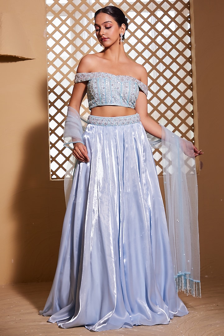 Pastel Blue Itlian Organza Wedding Lehenga Set by Muditaa By Urmila at Pernia's Pop Up Shop