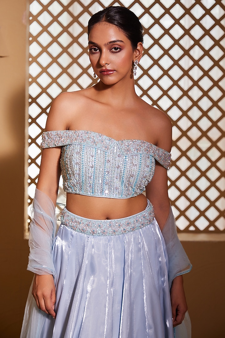 Pastel Blue Itlian Organza Wedding Lehenga Set by Muditaa By Urmila at Pernia's Pop Up Shop