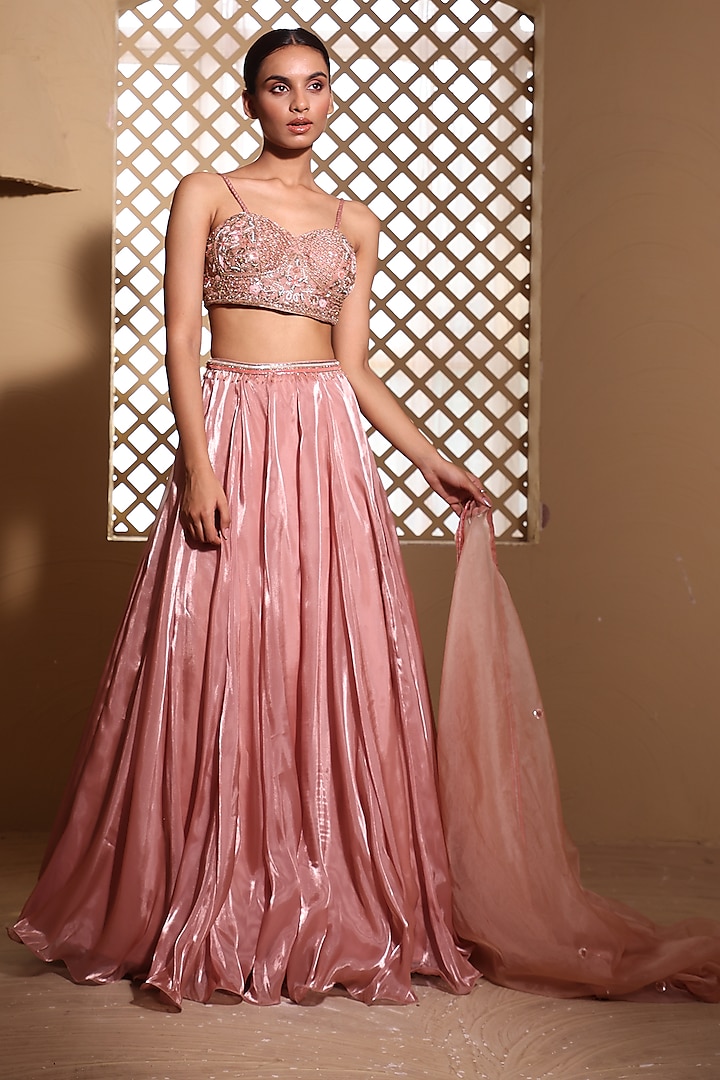 Rose Gold Italian Fabric Wedding Lehenga Set by Muditaa By Urmila at Pernia's Pop Up Shop