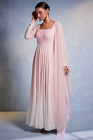Blush Pink Ombre Georgette Hand Embroidered Anarkali Set by Muditaa By Urmila