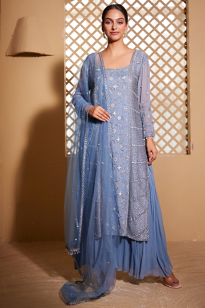 Steel Blue Georgette Hand Embroidered Kurta Set by Muditaa By Urmila at Pernia's Pop Up Shop