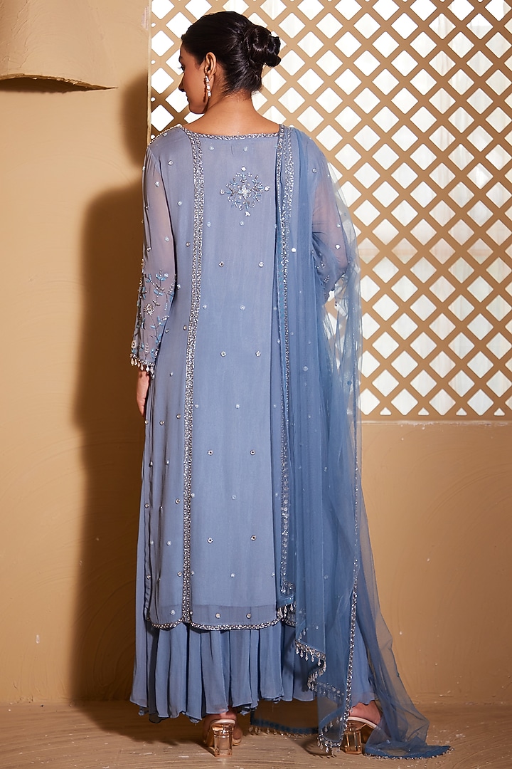 Steel Blue Georgette Hand Embroidered Kurta Set by Muditaa By Urmila at Pernia's Pop Up Shop