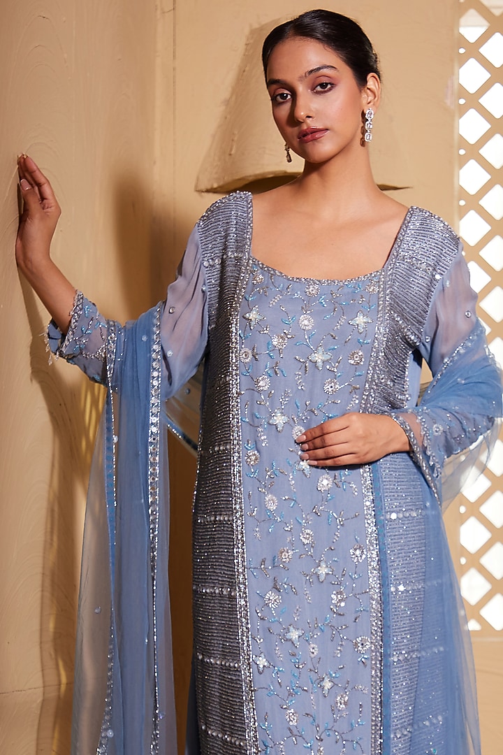 Steel Blue Georgette Hand Embroidered Kurta Set by Muditaa By Urmila at Pernia's Pop Up Shop