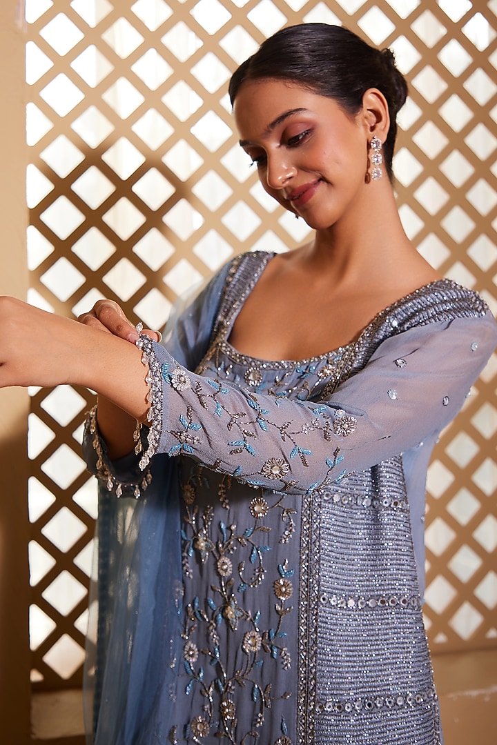 Steel Blue Georgette Hand Embroidered Kurta Set by Muditaa By Urmila at Pernia's Pop Up Shop