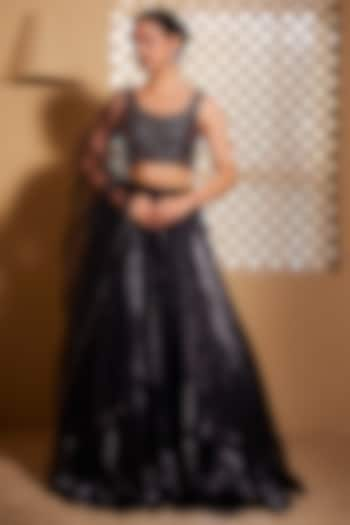 Black Italian Fabric Wedding Lehenga Set by Muditaa By Urmila at Pernia's Pop Up Shop