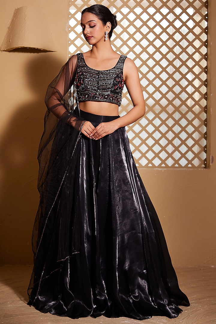 Black Italian Fabric Wedding Lehenga Set by Muditaa By Urmila at Pernia's Pop Up Shop