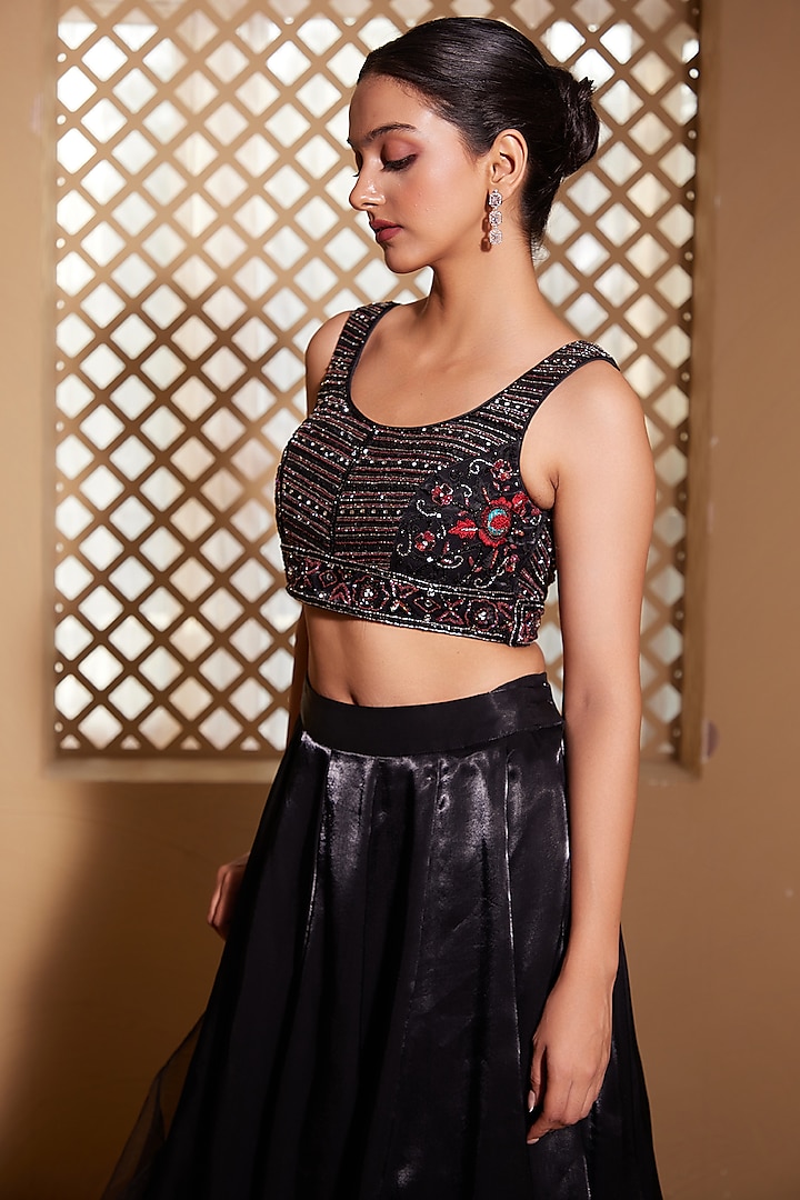 Black Italian Fabric Wedding Lehenga Set by Muditaa By Urmila at Pernia's Pop Up Shop