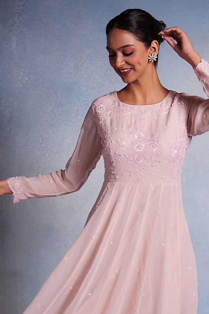 Blush Pink Organza Cutdana Hand Work Party Wear Anarkali by Muditaa By Urmila at Pernia's Pop Up Shop