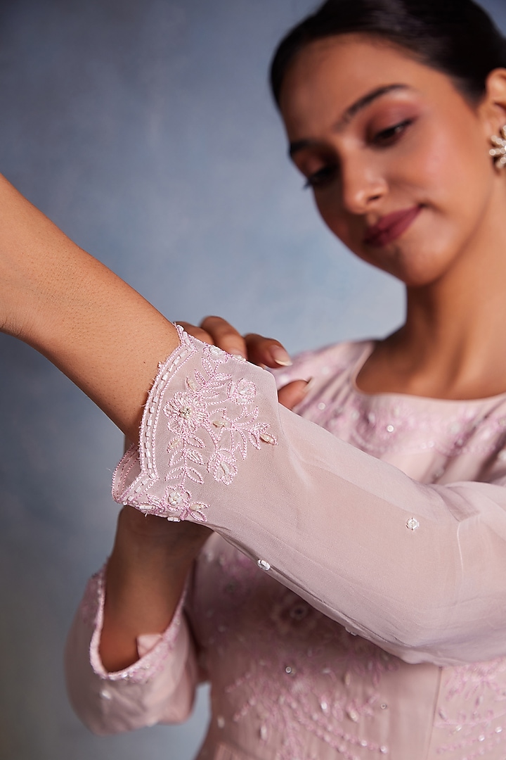 Blush Pink Organza Cutdana Hand Work Party Wear Anarkali by Muditaa By Urmila at Pernia's Pop Up Shop