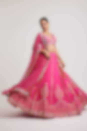 Fuchsia Pink Dupion Zardosi & Resham Work Wedding Lehenga Set by Muditaa By Urmila at Pernia's Pop Up Shop