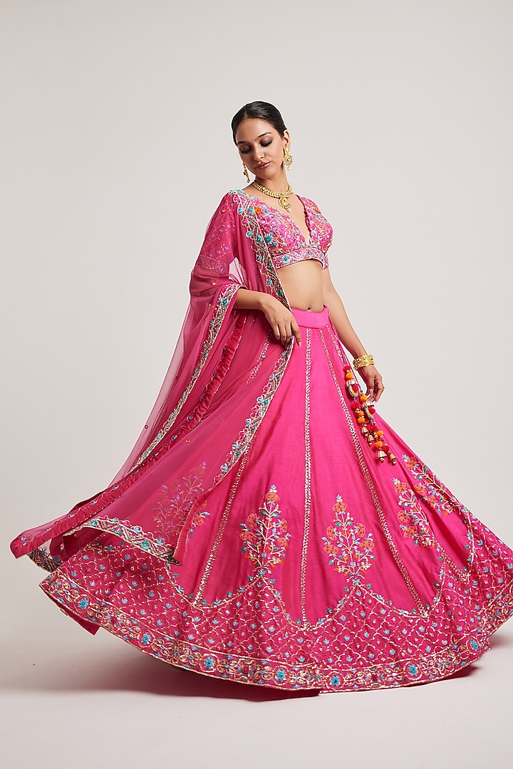 Fuchsia Pink Dupion Zardosi & Resham Work Wedding Lehenga Set by Muditaa By Urmila at Pernia's Pop Up Shop