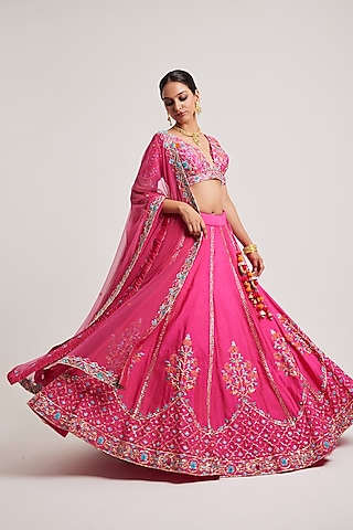 Fuchsia Pink Dupion Zardosi & Resham Work Lehenga Set by Muditaa By Urmila