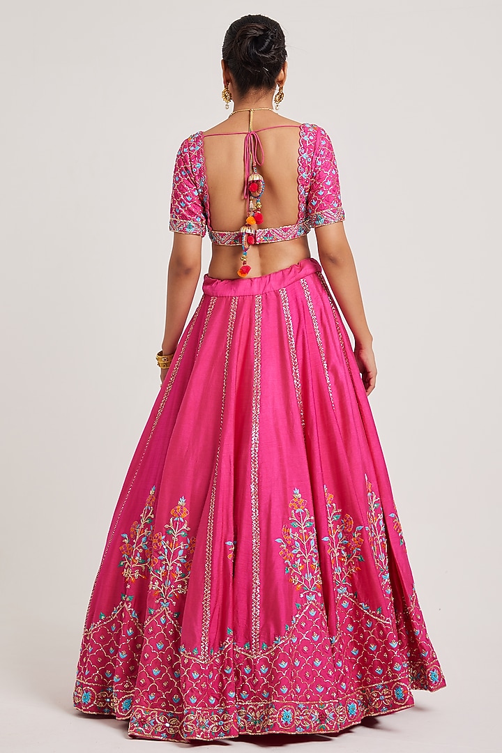 Fuchsia Pink Dupion Zardosi & Resham Work Wedding Lehenga Set by Muditaa By Urmila at Pernia's Pop Up Shop