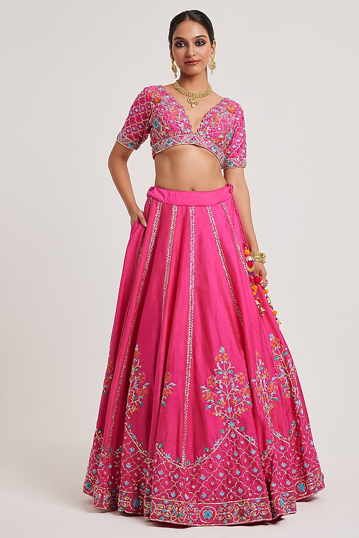 Fuchsia Pink Dupion Zardosi & Resham Work Wedding Lehenga Set by Muditaa By Urmila at Pernia's Pop Up Shop