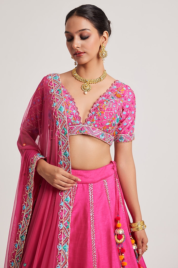 Fuchsia Pink Dupion Zardosi & Resham Work Wedding Lehenga Set by Muditaa By Urmila at Pernia's Pop Up Shop