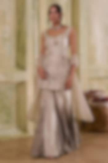Sea & Olive Green Banarasi Shimmer Gharara Set by Muditaa By Urmila at Pernia's Pop Up Shop