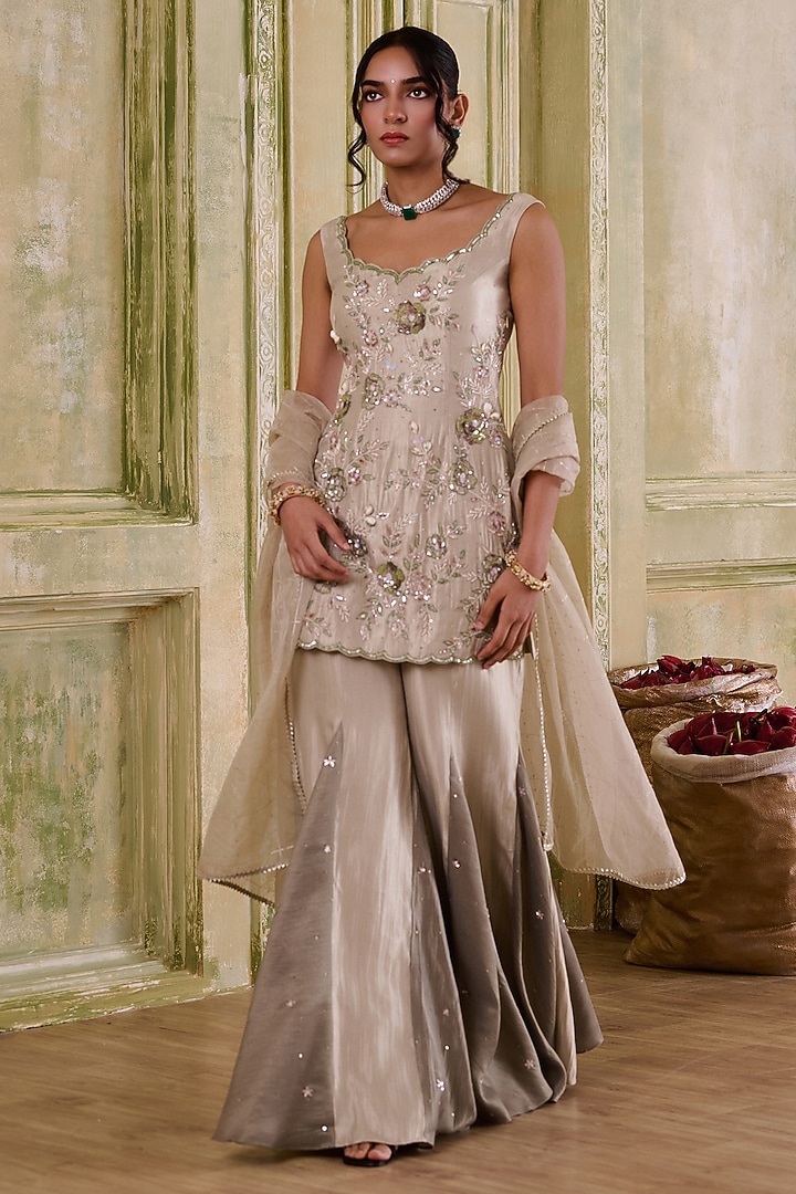 Sea & Olive Green Banarasi Shimmer Gharara Set by Muditaa By Urmila at Pernia's Pop Up Shop