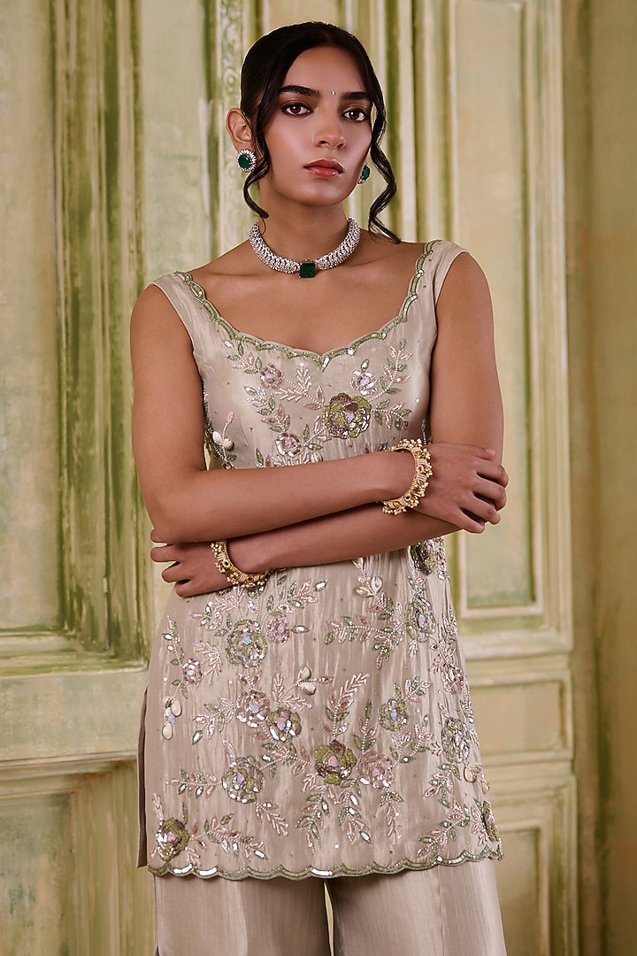 Sea & Olive Green Banarasi Shimmer Gharara Set by Muditaa By Urmila at Pernia's Pop Up Shop