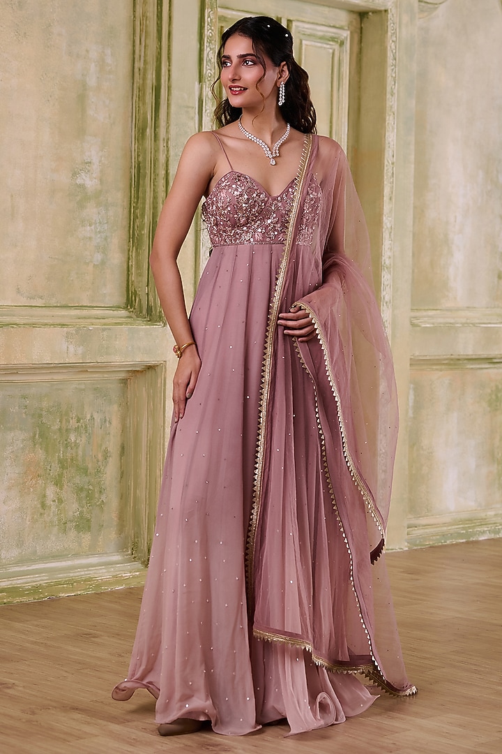 Rose Gold Pink Shaded Georgette Wedding Anarkali With Dupatta by Muditaa By Urmila at Pernia's Pop Up Shop