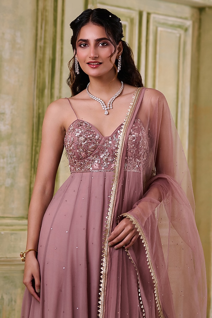 Rose Gold Pink Shaded Georgette Wedding Anarkali With Dupatta by Muditaa By Urmila at Pernia's Pop Up Shop