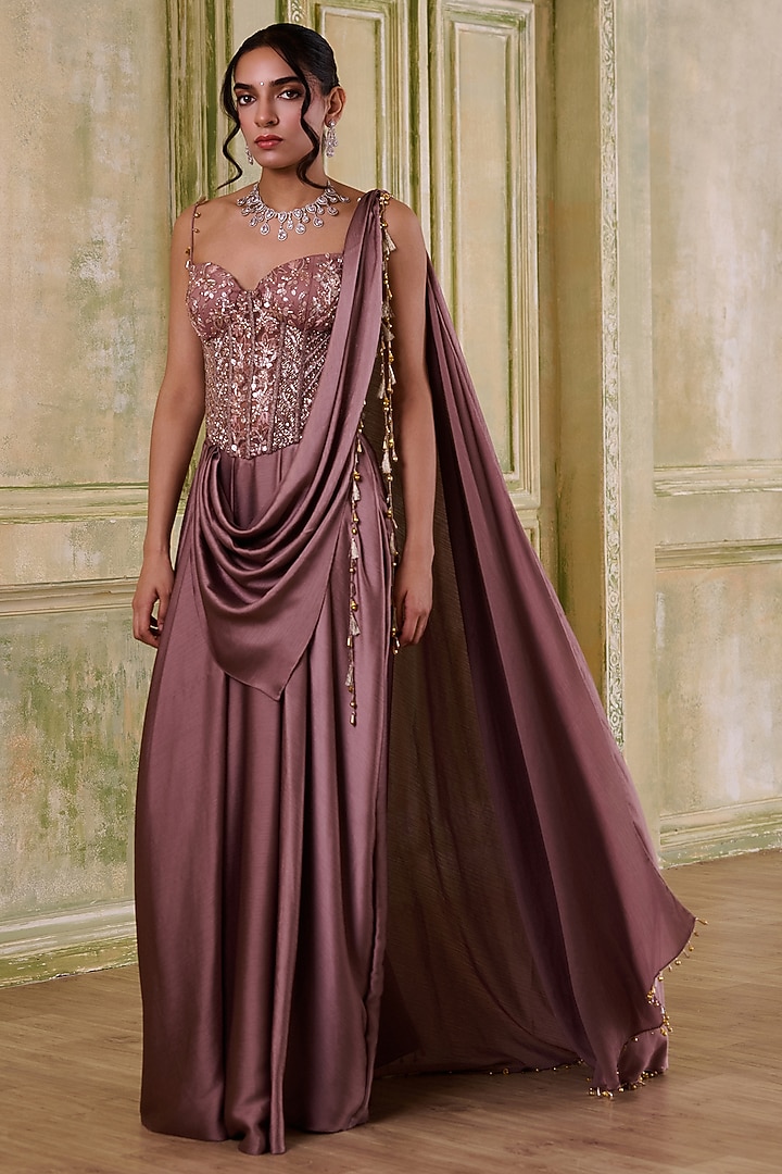 Rose Gold Pink Shaded Italian Draped Wedding Saree Set by Muditaa By Urmila at Pernia's Pop Up Shop